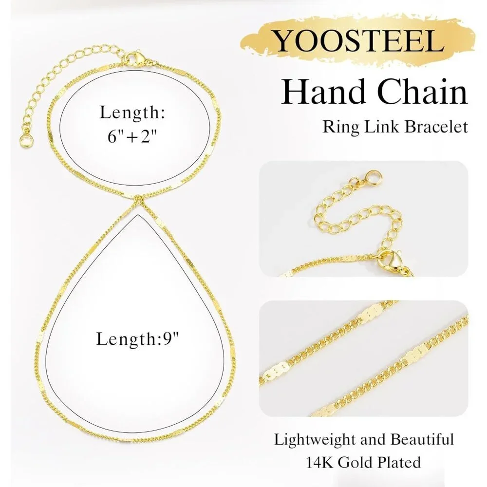 Dainty 14K Gold Plated Hand Chain Bracelet Women Layered Ring Jewelry
